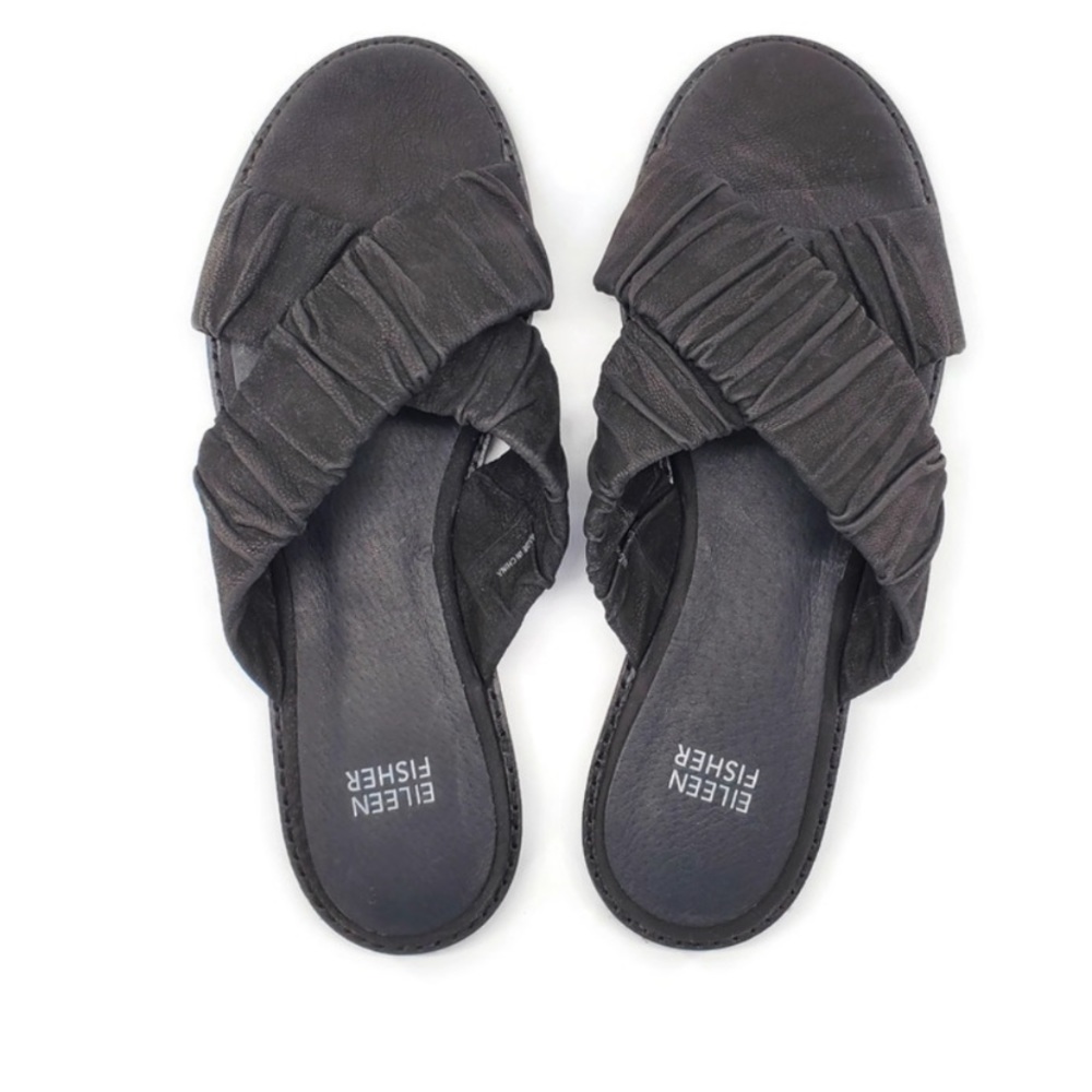 Eileen Fisher Women's Nubuck Leather Criss Cross Tumbled Sandals Black sz 8.5